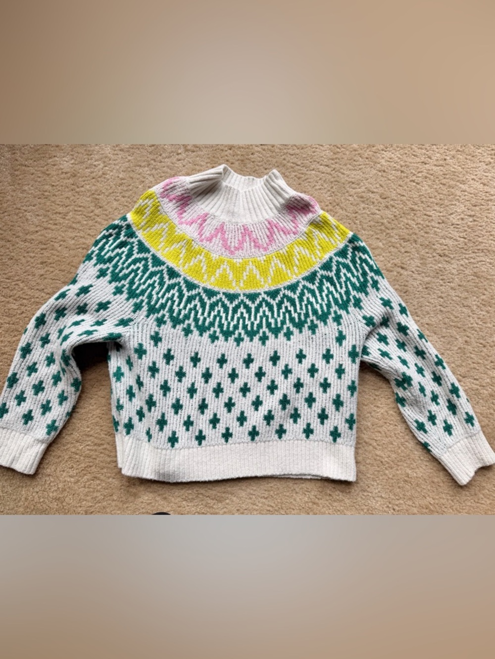 Old Navy Cream Sweater with Green, Yellow & Pink Patterned Yoke